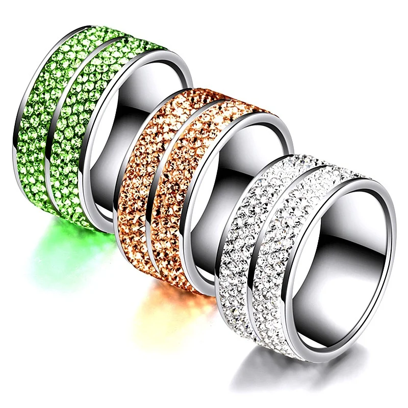 

11mm Size 5.5-12.5 Classic Stainless Steel Silver Color Concise Clear Light Green Orange Crystal Shopping Ring For Women