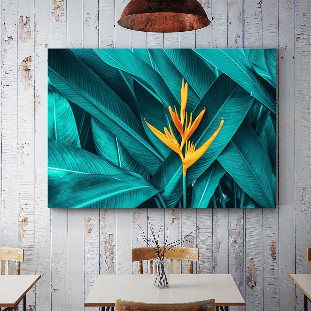 Nordic Yellow Flower Green Tropical Plant Leaves Canvas Poster Print