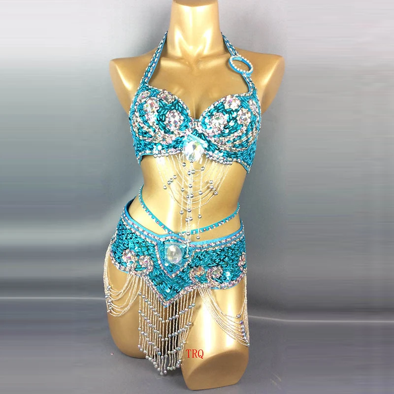 

High Quality Women Belly Dance Suit Bra+Belt 2 Pieces Handmade Sequins Beaded Sexy Eastern Oriental Dance Set Dancing Wear