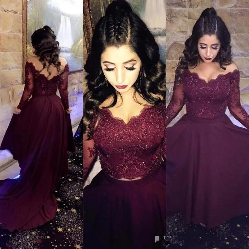 

2019 Two Pieces Long Sleeves Lace High Low Prom Dresses Beaded Satin Formal Party Evening Dresses