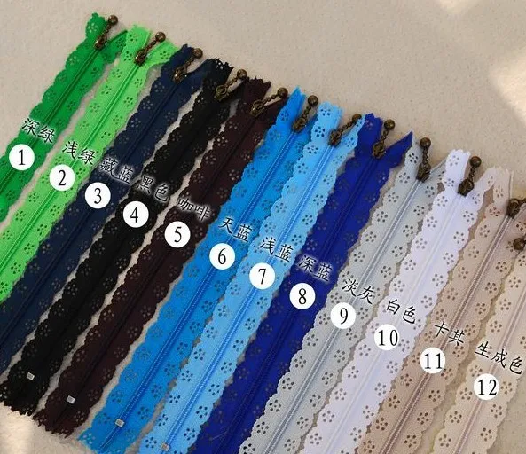 Free Shipping20cm DIY Handmade Fabric lace zipper Antique Bronze puller 24 colors mixed, 24 pcs