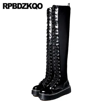 

High Heel Flatform Combat Women Boots Winter 2018 Black Long Muffin Military Platform Over The Knee Shoes Thigh Stretch Slim