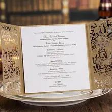 50pcs pack Customized Champagne Gold Hollow Flower Wedding Invitation Card with Envelope Birthday Cards Free Printing
