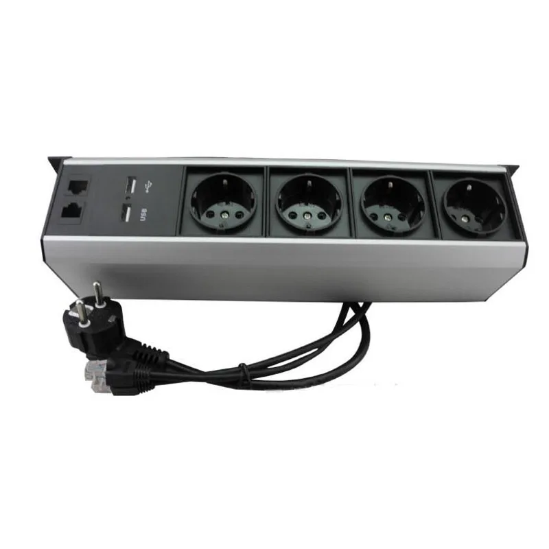 ^Cheap High-end Conference Office Side Installation Socket Under the Table Socket 4 EU Power Sockets+2 USB Charger + 2 RJ45 Connectors