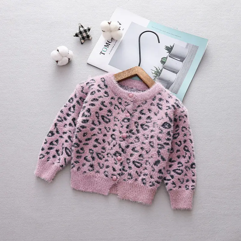 Осенние трикотажные свитеры из флиса с леопардовым принтом и длинными рукавами для маленьких девочек; Детские кардиганы; вязаная верхняя одежда; пальто - Цвет: Розовый