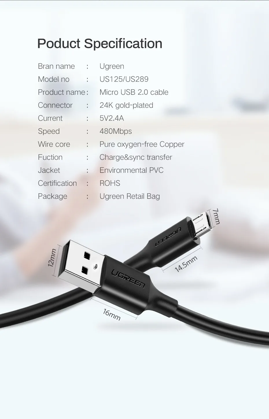 Ugreen кабель micro usb 3 m 2 m 1 m 5v2a зарядное устройство usb кабель для передачи данных для samsung htc huawei мобильный телефон кабели для android телефоны