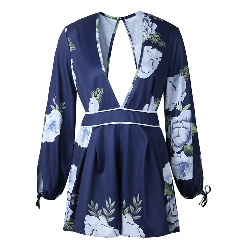 Combishort Long sleeve Rompers Summer Women Jumpsuit Floral Printing V neck backless Sexy Bodysuit macacao Femme Ete wz*
