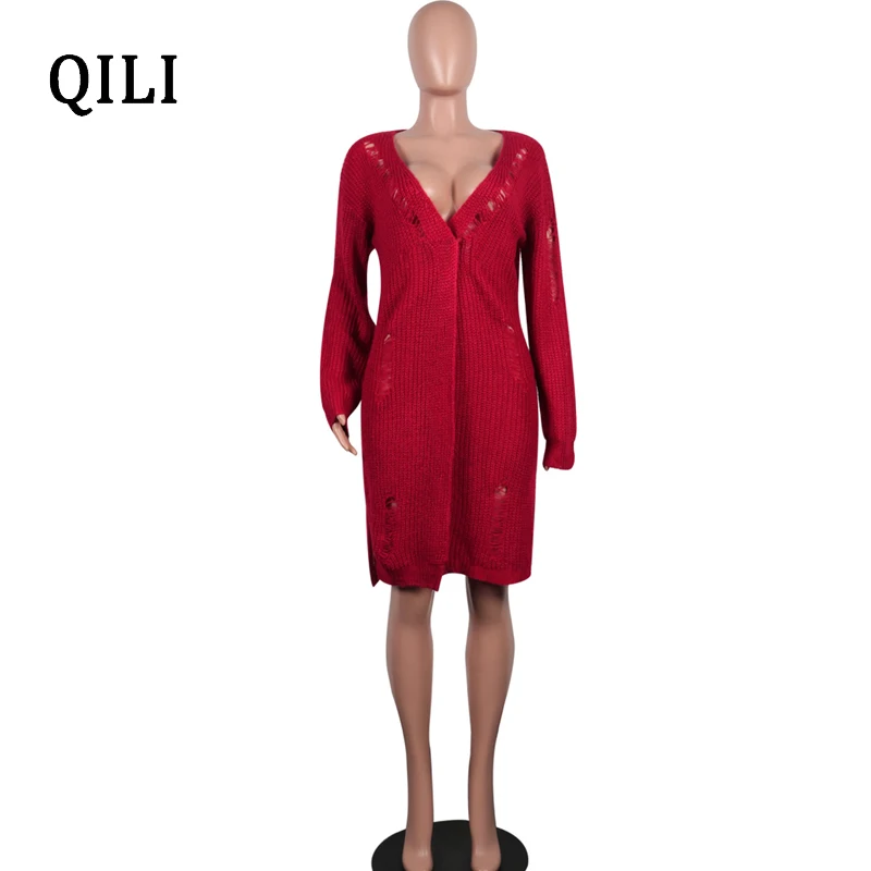 QILI Spring Women Cardigan Knitted Long Sleeve Hollow Out Hole Women Tops Fashion Longline Sweater Cardigan Long Style XXL