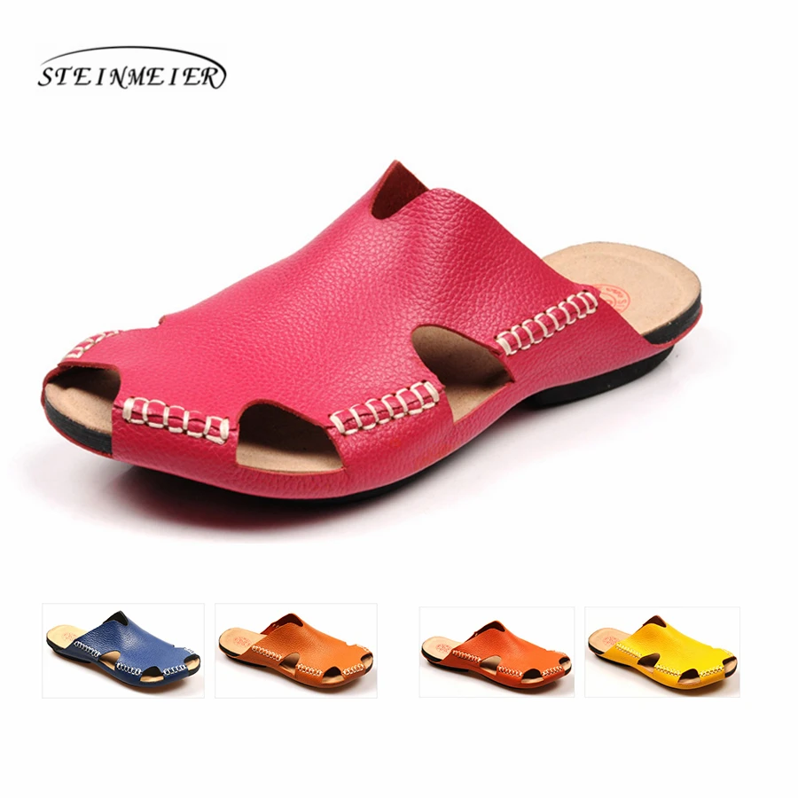 

Women casual summer Sandals 100% genuine Leather Gladiator Sandals Women Summer yellow brown Beach Slides Ladies slippers Shoes