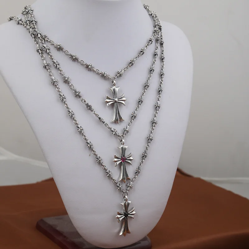 

Fashion S925 Sterling Silver Jewelry Retro Thai Silver Cross Sweater Long Chain Necklace Men And Women