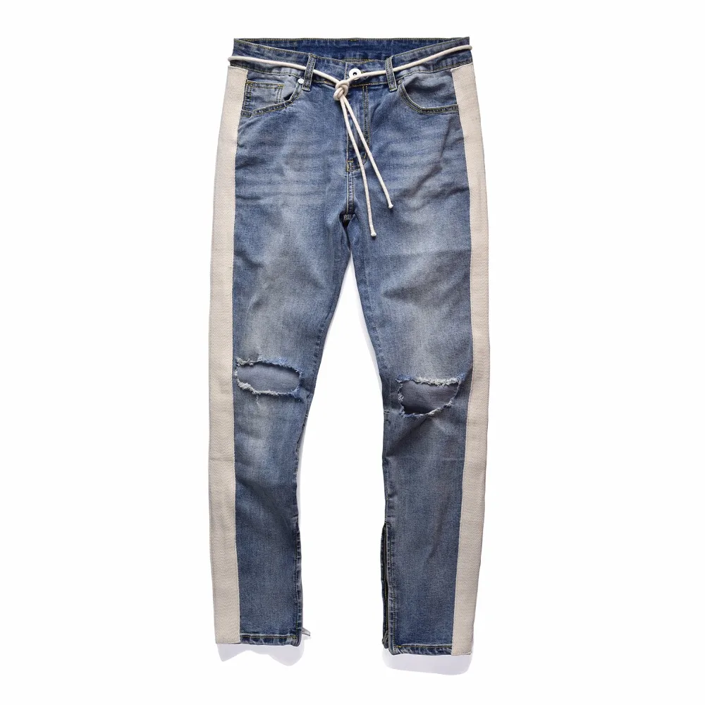 Мужские модные прямые рваные джинсы в белую полоску, эластичные джинсы с дырками в байкерском стиле, синие джинсы с боковой молнией в стиле хип-хоп