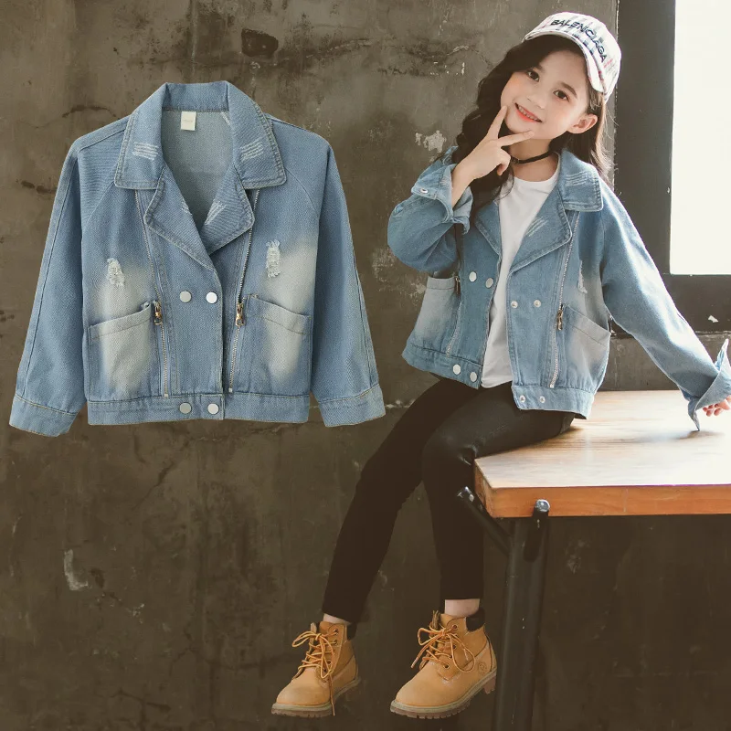 

Children Girls Denim Jacket Fashion Hole Retro Jackets Big Girl Kids Clothing Short Coat Casual Outerwear 2019 New Autumn Spring