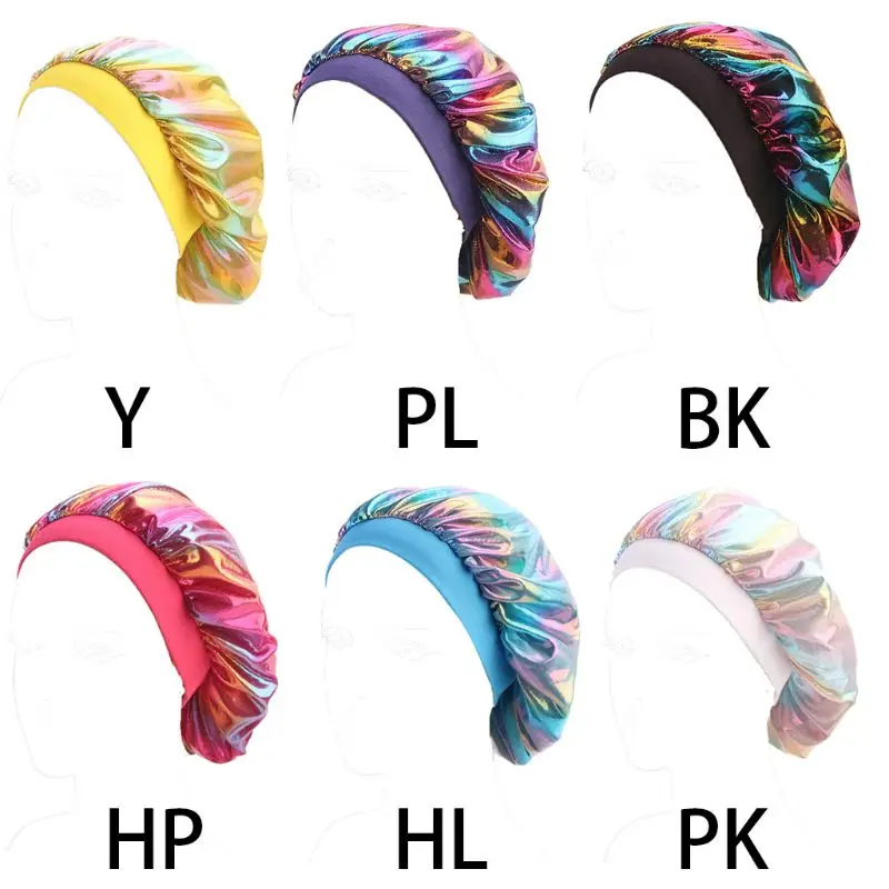 

Womens Faux Silk Bonnet Wide Band Soft Sleep Cap Glitter Reflective Rainbow Colorful Head Covering Ruched Hair Loss Chemo Cap