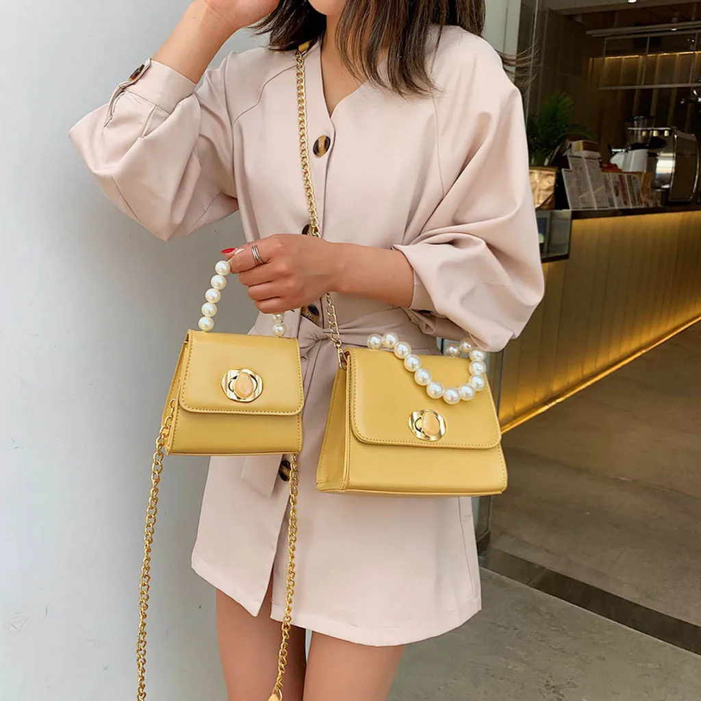 

MUQGEW Bags for Women 2019 new Cross Body Shoulder Pearl Necklace String Bead Pure-Colour Hasp Chains Amber Rotary Switches Bags