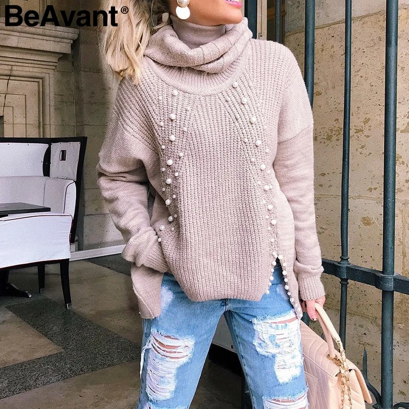 Goede BeAvant Coltrui plus size losse gebreide trui Kralen split toevallige trui Lange mouwen womens jumpers winter 2018