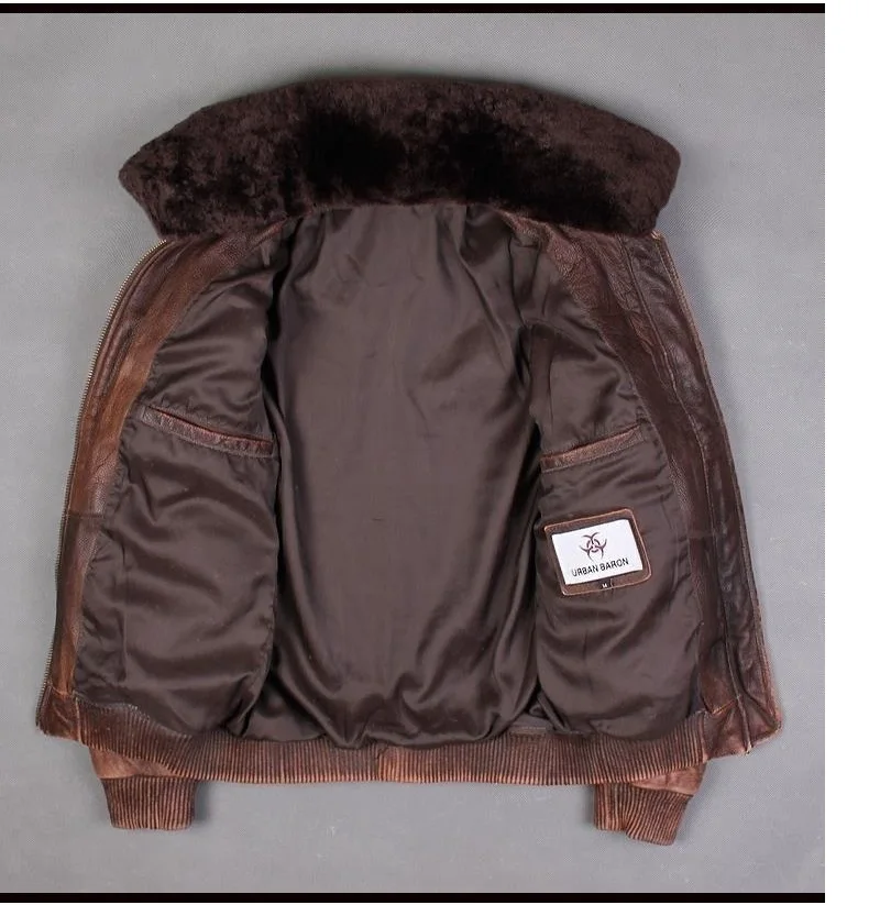 Брендовые мужские зимние теплые толстые кожаные куртки, мужские винтажные Куртки из натуральной кожи А2. Коричневое меховое пальто