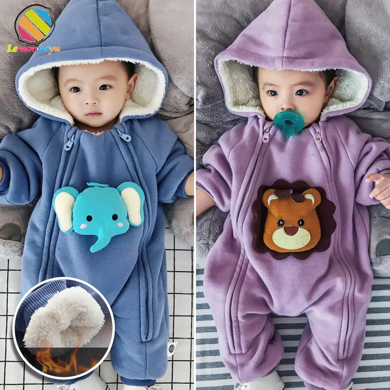 

Lemonmiyu Baby Winter Overalls For Children Full Length Hooded 3D Cartoon Rompers For Newborn Plus Velvet Toddler Jumpsuits