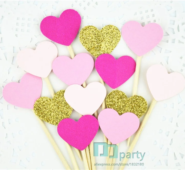 

40pcs glitter Gold rose Pink hearts Cupcake Toppers wedding food toothpicks birthday baby bridal shower party picks cake decor