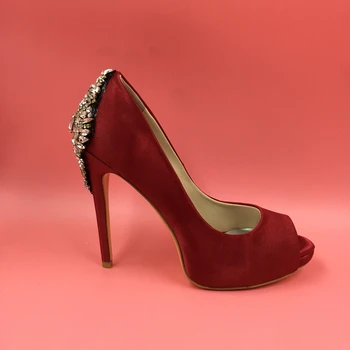 

Red Peep Toe Rhinestones Satin Wedding Shoe Pumps Slip-on High Heels Stilettos Crystals Real Photo Ladies Shoes Pump Platforms