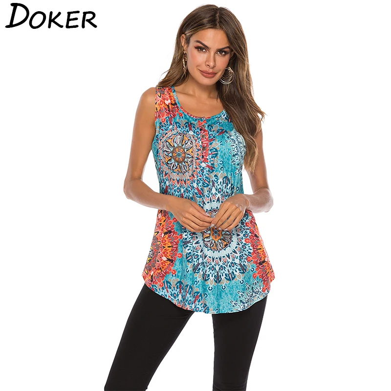

2019 Summer New Plus Size Print Sleeveless T-shirt Women O-neck Button Casual Tees Loose Tops Female Harajuku Cotton T-shirt