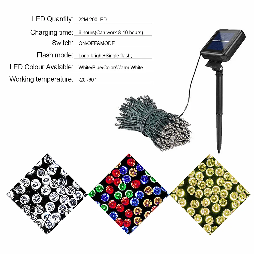 Cordas de Fadas Lâmpada de Energia Água ao ar Guirlanda de Natal para o Jardim 12 100led e 22 m 200 Led Solar Luzes Solar à Prova d' Livre Decoração 8 China led solar Suppliers