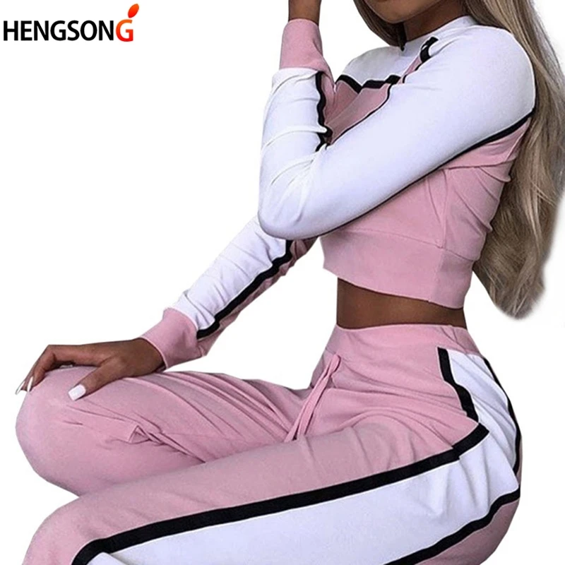 Women Tracksuit Sports Set Jogger Long Sleeve Patchwork Crop Tops Women