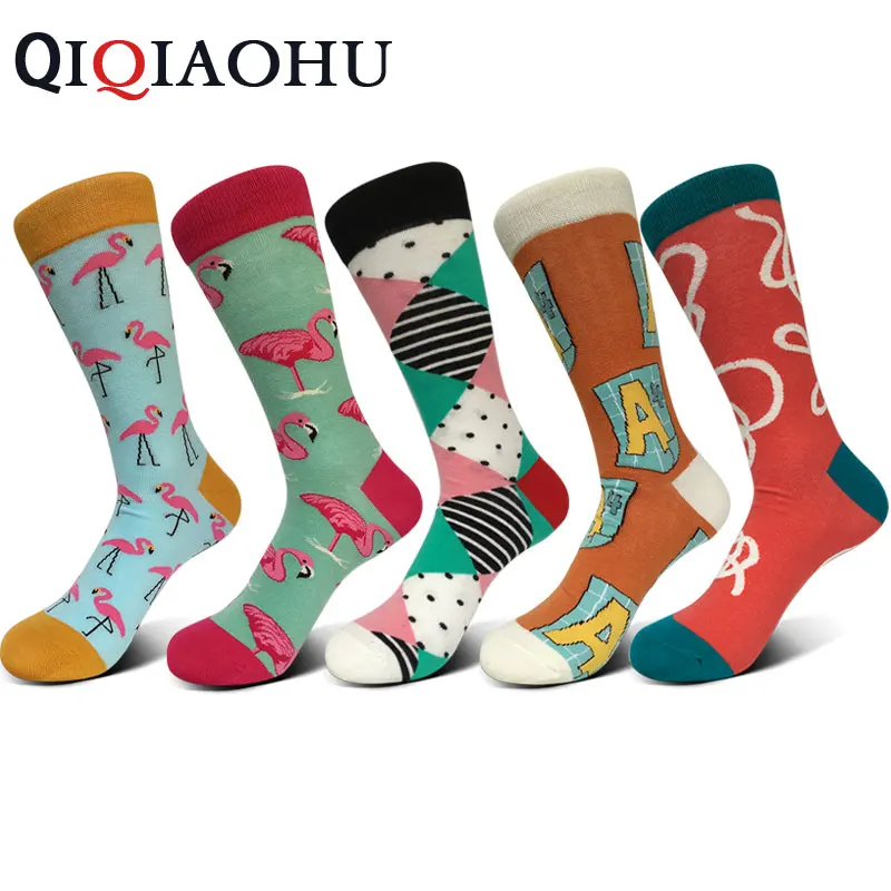 

5pairs/set fashion mens combed cotton long socks lot colorful funny happy socks flamingo pattern socks animal design wedding sox