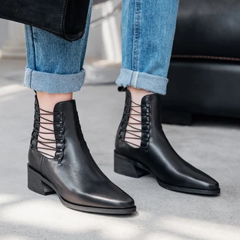 

Women's genuine leather cross strap slip-on flats ankle boots gradient color retro autumn martin boots punk short booties shoes