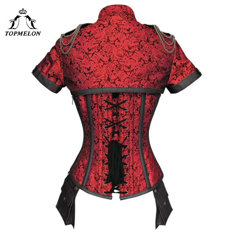 TOPMELON Steampunk Corset Gothic Steel Boned Flora Punk Bustiers Women Cut Out Chains Buttons Corselet Short Sleeve Bustier Tops