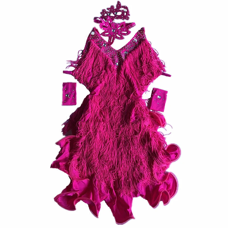 Red Sequined Latin-Inspired Adjustable dress with White and Pink feathers Red Sequined Latin-Inspired Adjustable dress with White and Pink feathers
