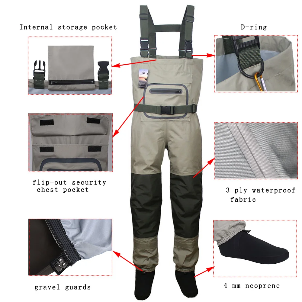 Fly Fishing Waterproof Breathable Waders Neoprene Stocking Foot Chest  Waders for Men and Women