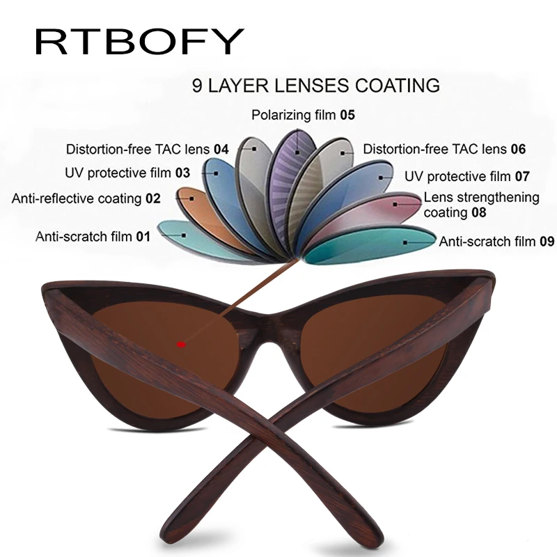 RTBOFY деревянные солнцезащитные очки для женщин, Бамбуковая оправа, очки, поляризационные линзы, очки, Винтажный дизайн, солнцезащитные очки, защита UV400