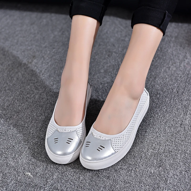 

Plardin New Round Toe Genuine Leather Shoes Flat Cut Outs Women Shoes Concise Casual Ballet Flats Women Nurse Loafers Sneakers