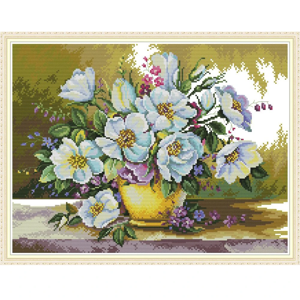 

NKF White Flower Oil Painting Cross Stitch Kit 11CT14CT Chinese Embroidery Needlework Set Cross Stitch Pattern for Home Decor
