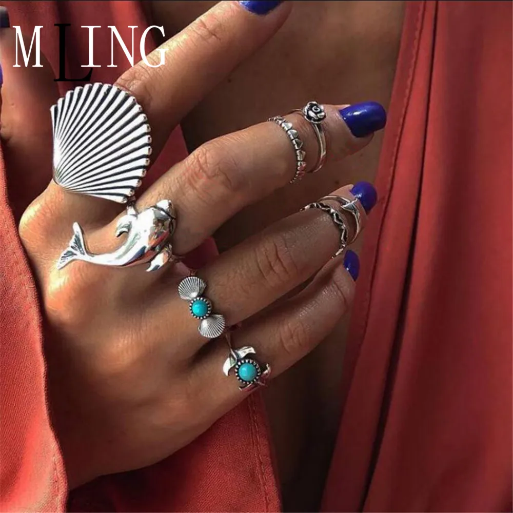 

MLING Bohemian Finger Ring Set for Women Dolphin Shape Ring 2019 PUNK BOHO Vintage Jewelry