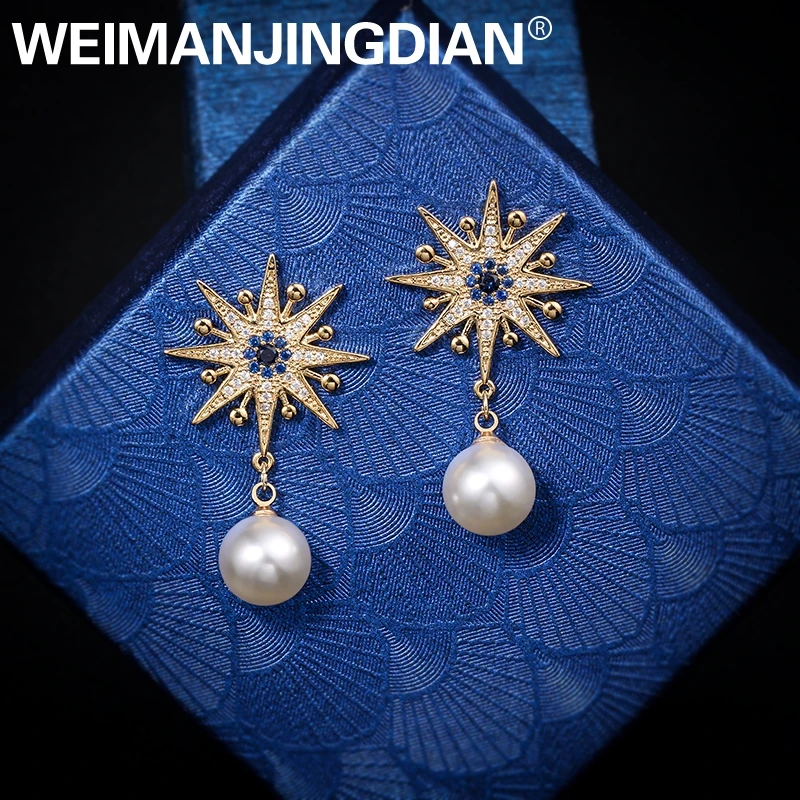 WEIMANJINGDIAN New Arrival Starburst and Simulated Pearl Cubic Zirconia CZ Crystal Dangle Drop Earrings for Women
