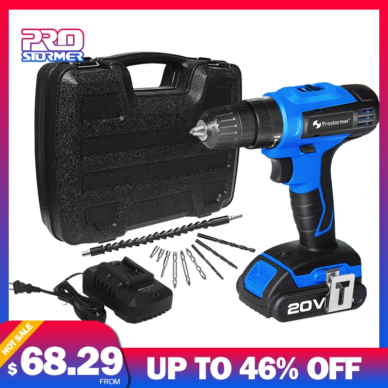

PROSTORMER 20V Cordless Drill Electric Drill With Box 30Pcs Flexible Shaft Power Tool Lithium Battery LED Light Mini Drill