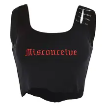 Womens Summer Sleeveless Ribbed Knit Crop Top Punk Gothic Letters Embroidered Cami Vest Hollow Out Pin Buckle Frayed Streetwear ribbed knit crop racer cami top