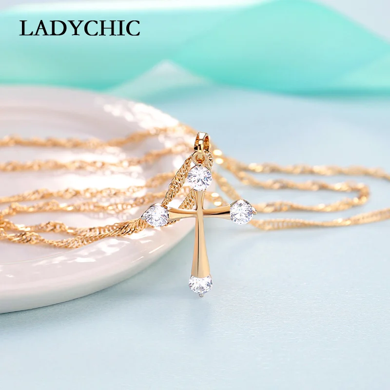 LADYCHIC Simple Cubic Zirconia Gold Color Cross Pendant Fashion Cute Cross Necklace Women Prayer Christian Jesus Jewelry LN1073