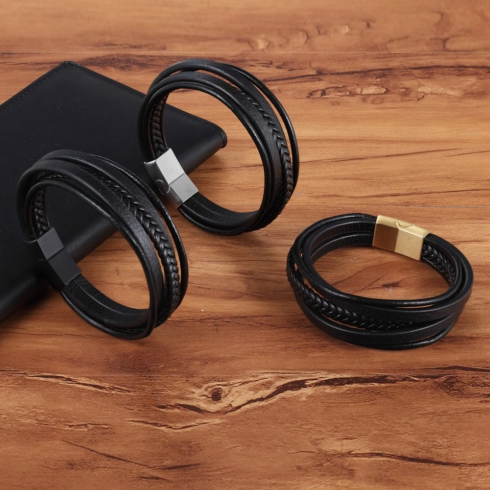 Stainless Steel Top Quality Jewelry Male Black/Brwon Leather Bracelet Men Braided Multilayer Fashion Punk Wholesale