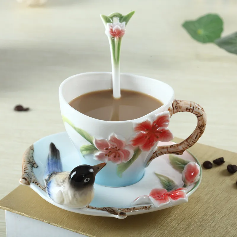 

Brand 3D Bird and Floral Coffee Tea Cup Saucer Spoon Color Enamel Ceramic Porcelain Coffee Tea Sets for Home Cafe Gift 6 Colors
