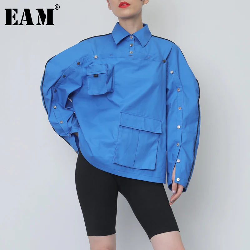 

[EAM] 2019 New Autumn Lapel Neck Long Sleeve Loose Big Size Hollow Out Pockets Asymmetric Shirt Women Blouse Fashion Tide JY076