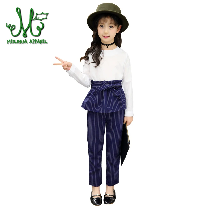 10 12 Years Girls Stripe Patchwork Outfits for School Shirts & Pants