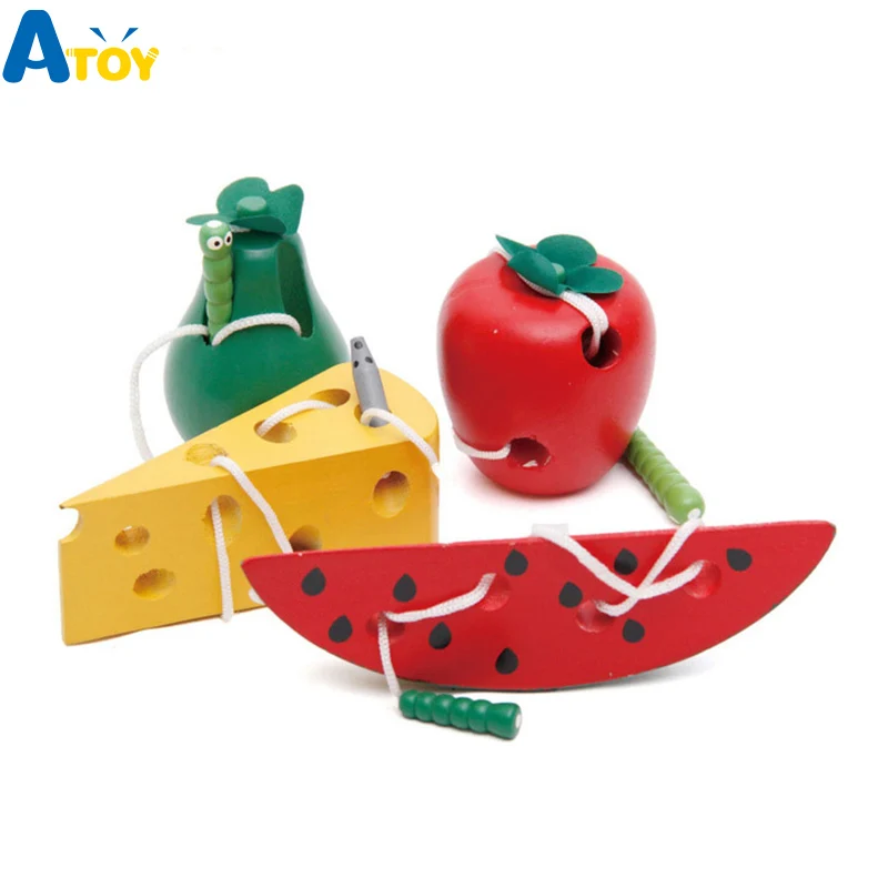 

Montessori Educational Toys Wooden Toy Worm Eat Watermelone Fruit Apple Pear Early Learning Teaching Aid Baby Toy Gift For Kids