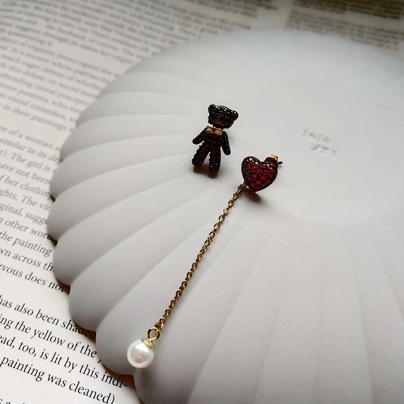 

925 sterling silver zircon heart bear earrings for women fashion gun black natural pearl zircon bear heart drop earrings jewelry
