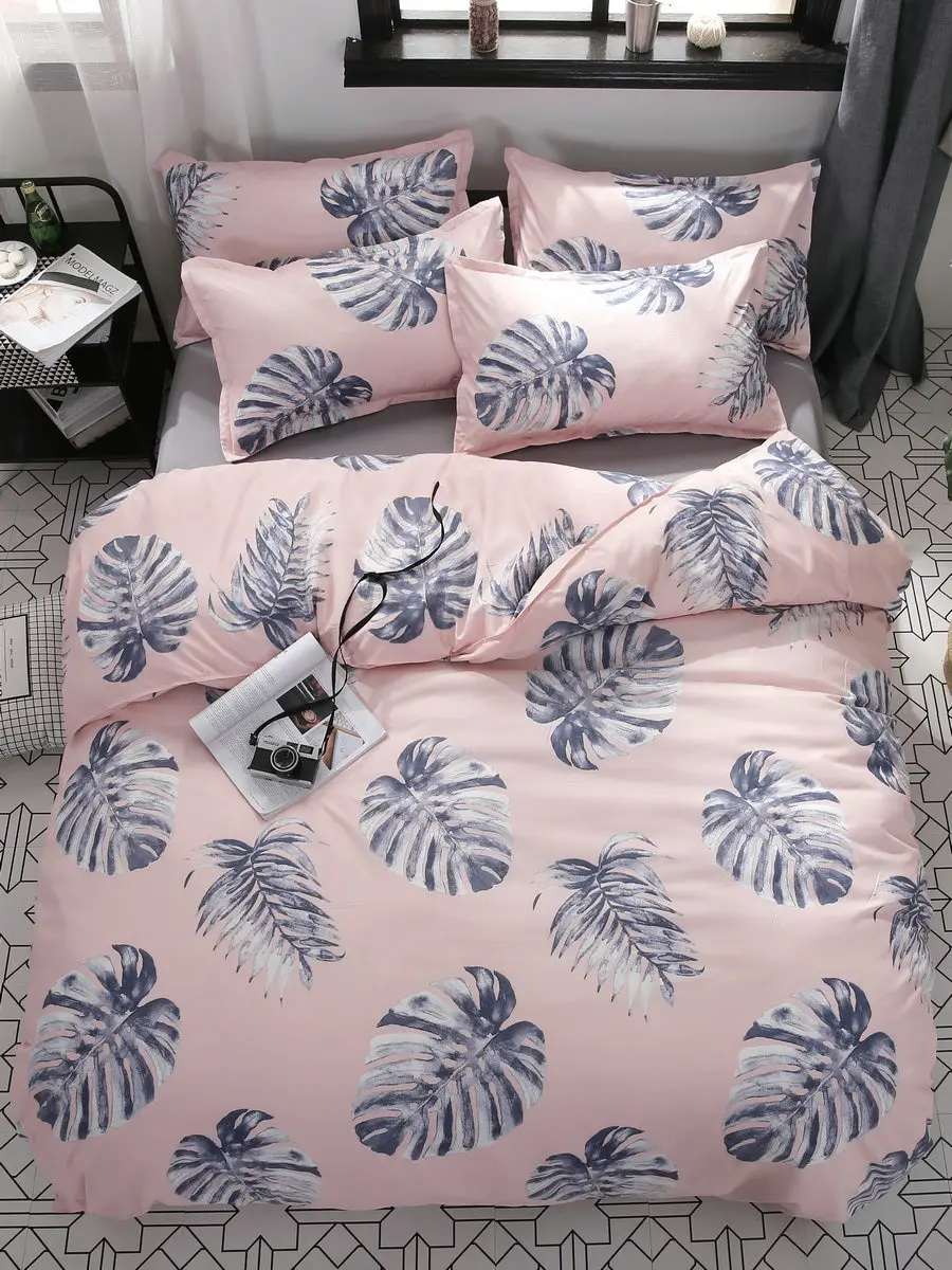 3/4Pcs Bedding Set Color Block Plain Style High Quality Bed Sheet Set