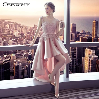 

CEEWHY High Low Dresses Pink Gown Lace Satin Dress Elegant Evening Dress 2019 Prom Party Dresses Evening Gown Robe de Soiree