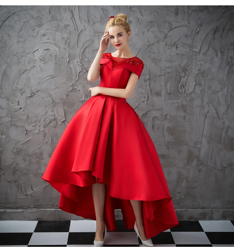 Asymmetrical Short Sleeve Satin Ball Gown Evening Dress