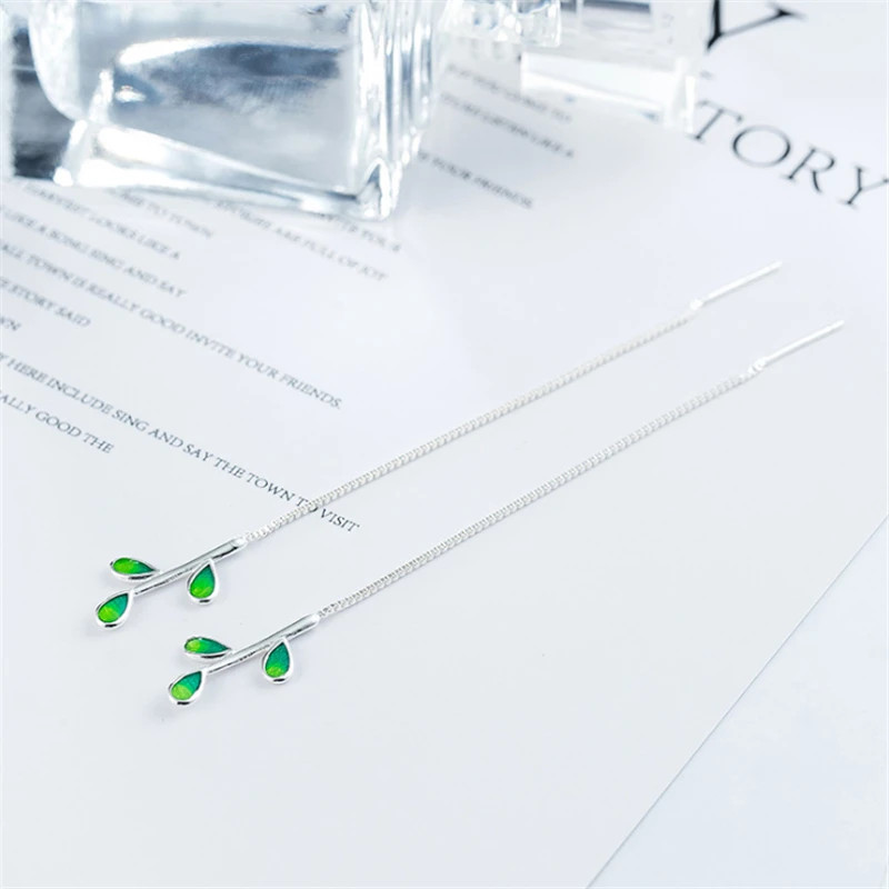 

line friends 925 sterling sliver fresh green leaf leaves summer earrings women girls long tassel chain womens jewellery KED3111