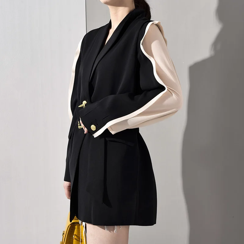[EAM] Новинка, осенне-зимняя Черная куртка с отворотом и длинным рукавом, с разрезом, Темпераментная Женская куртка, модное пальто JU2980